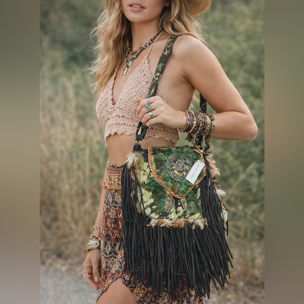 Karma Highway Black & Gold Suede Festival Bag with Feathers & Fringe